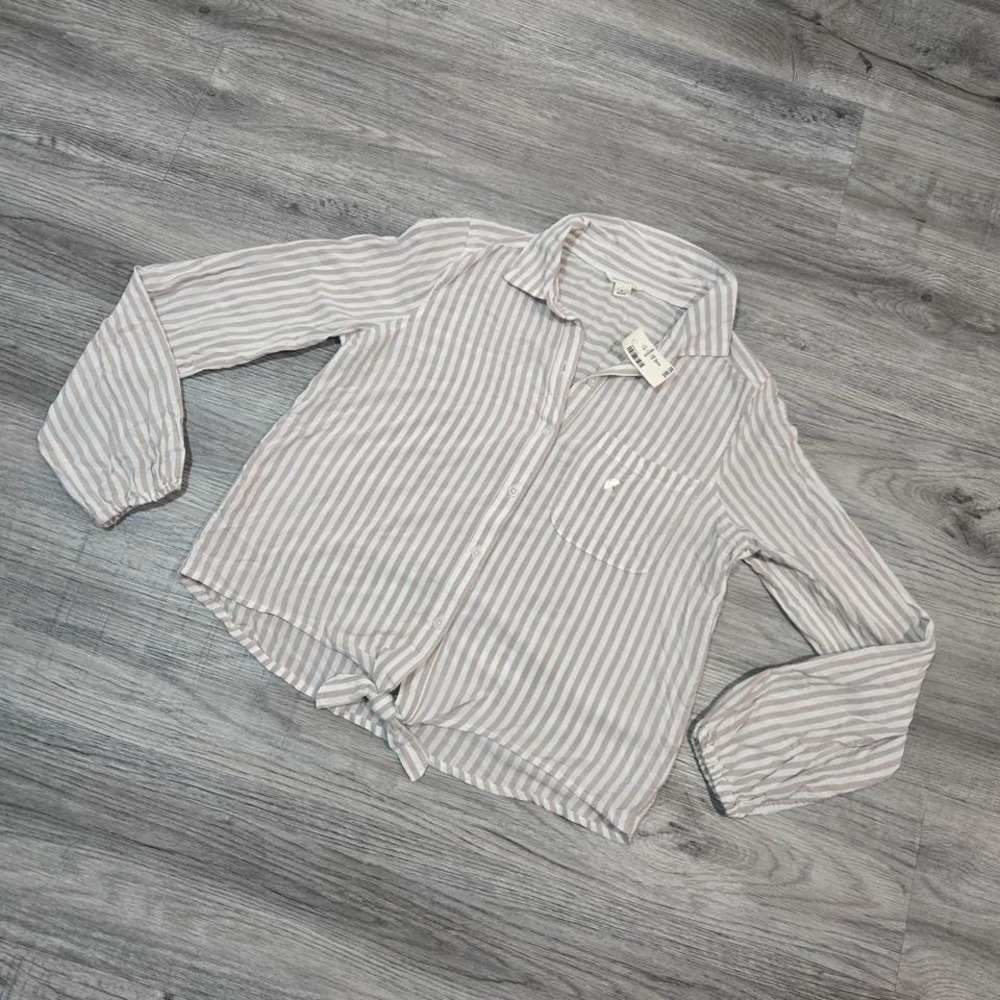 Aéropostale Striped Button-Up Tie Front Collared Blouse White Beige Women S
